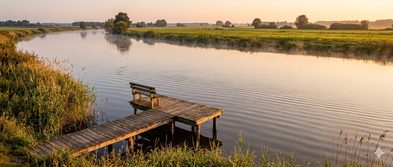 Holzpier an der Aller in der goldenen Stunde mit Bank, Schilf, fernen Wiesen und sanftem Morgenlicht