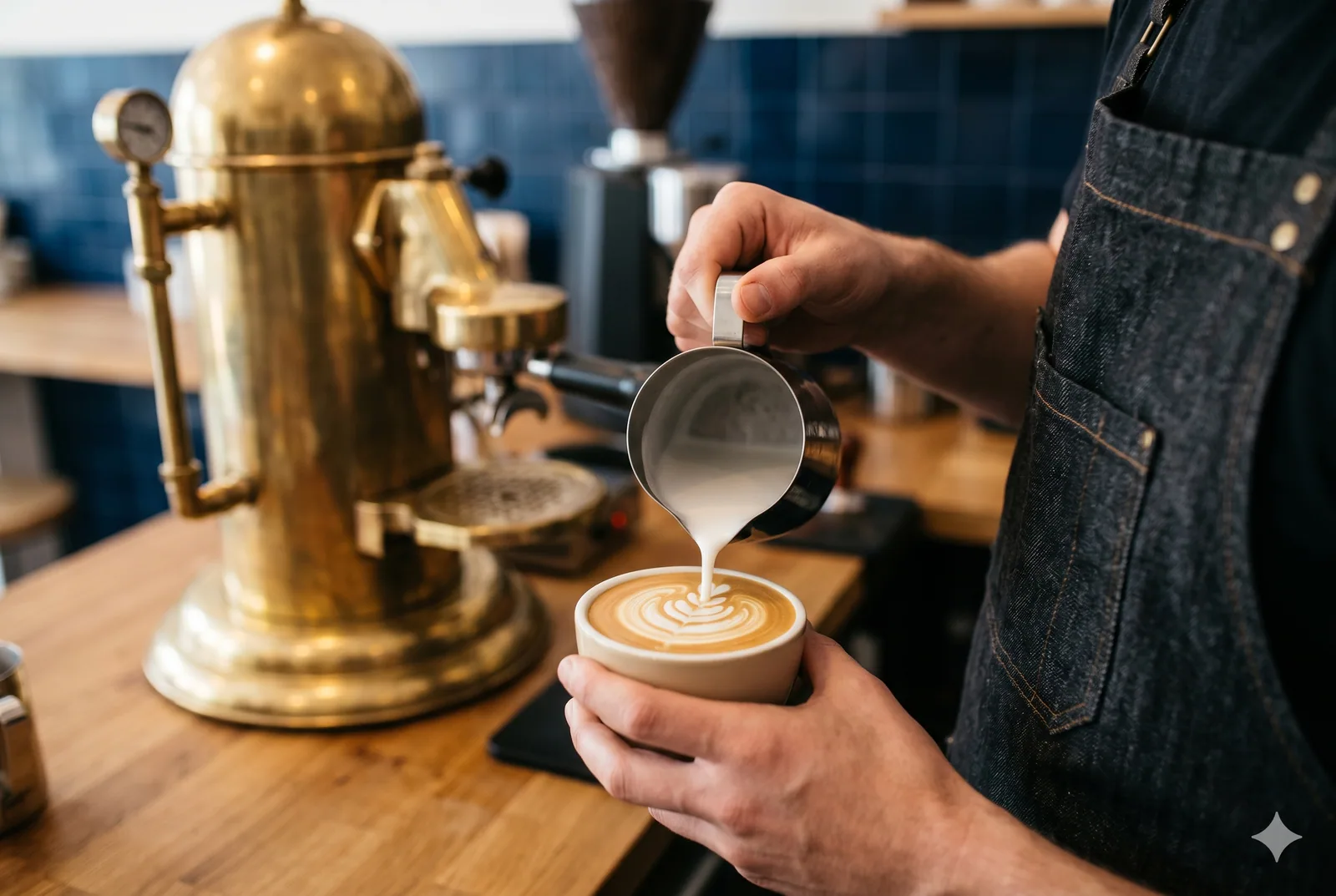 Barista gießt Milch zu Latte Art in eine Tasse