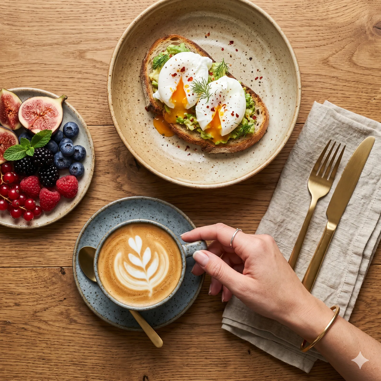 Frühstücksteller mit pochierten Eiern auf Sauerteig, frischen Beeren und Feigen, Latte mit Hand am Henkel