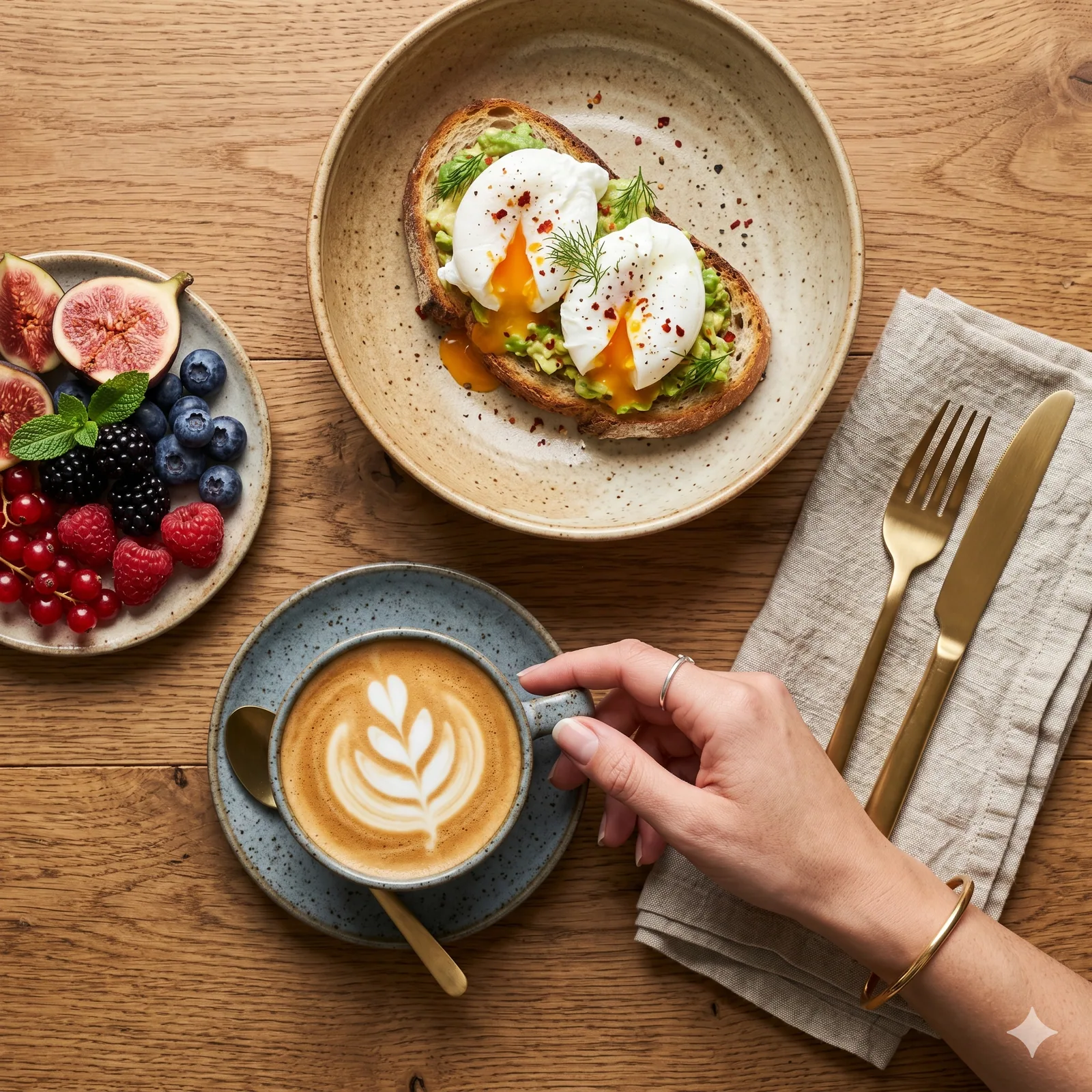 Frühstücksteller von oben mit Beeren-Teller und Latte