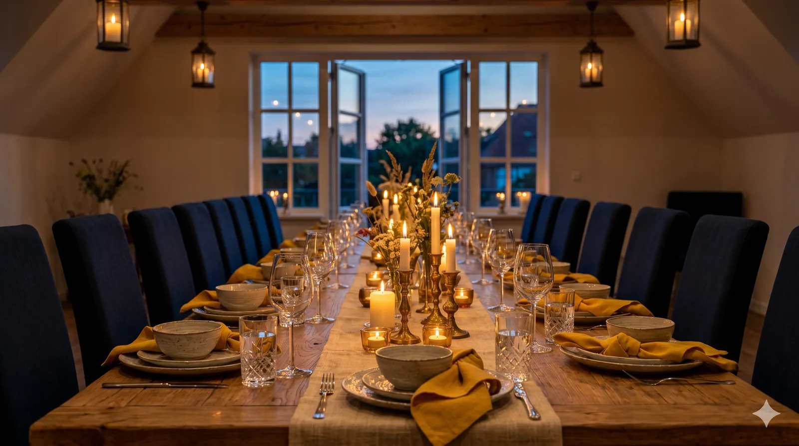 Lange Banketttafel im Abendlicht mit Laternen, Kerzen, Safran-gelben Servietten und navy-blauen Stühlen
