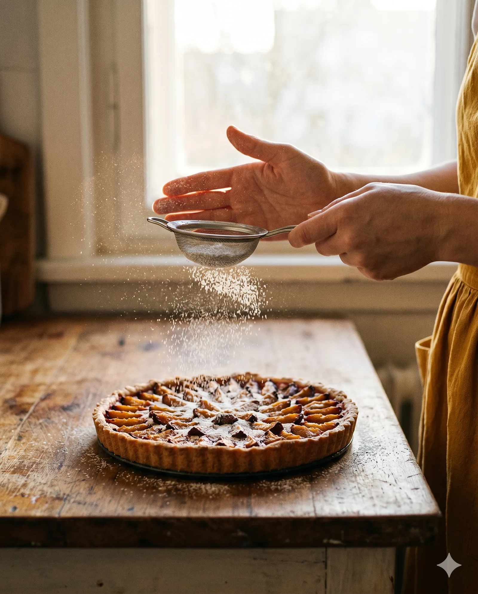 Zwei Hände bestäuben eine frisch gebackene Tarte mit Puderzucker