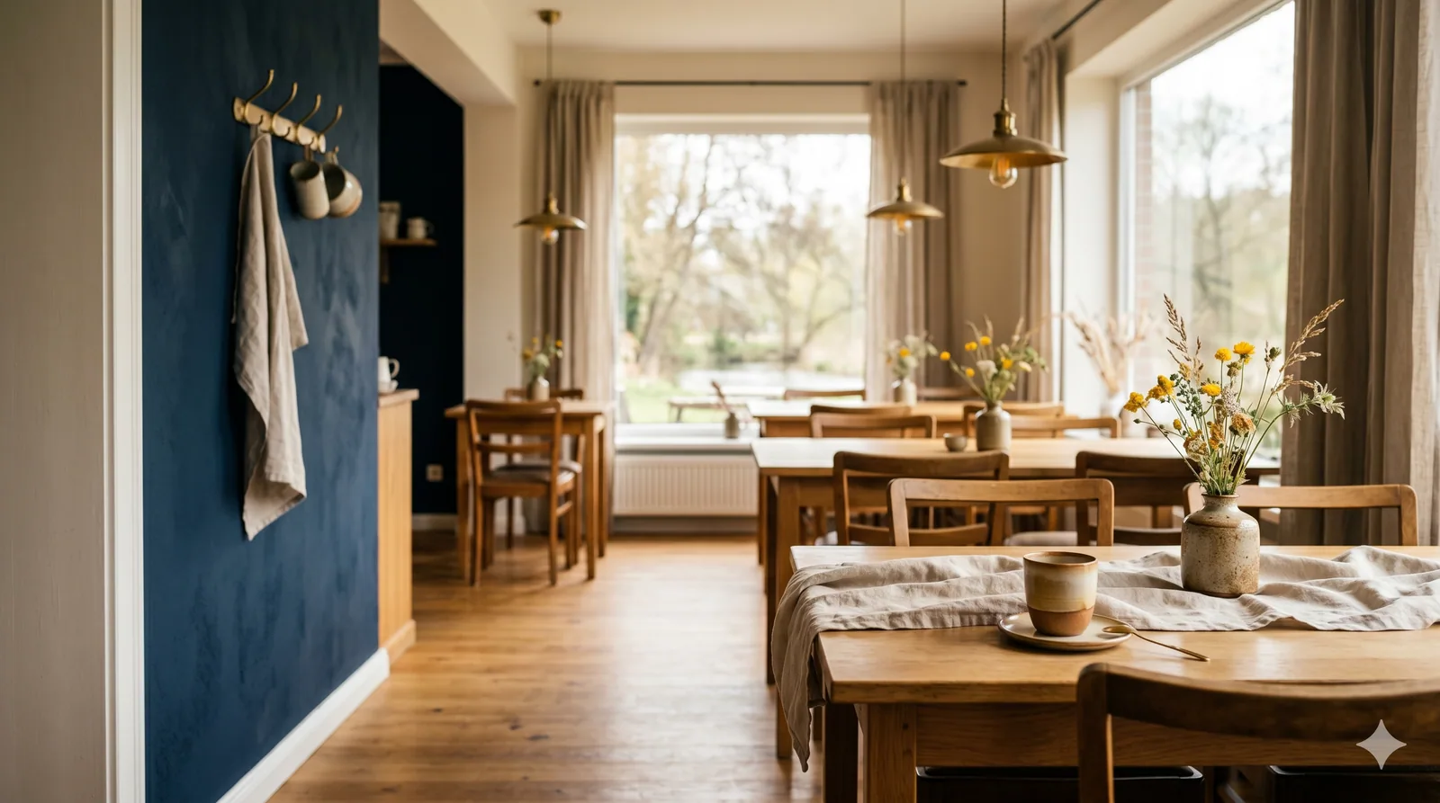 Innenraum des Café Allerblick mit navy-blauer Akzentwand, Messing-Wandhaken und warmem Tageslicht