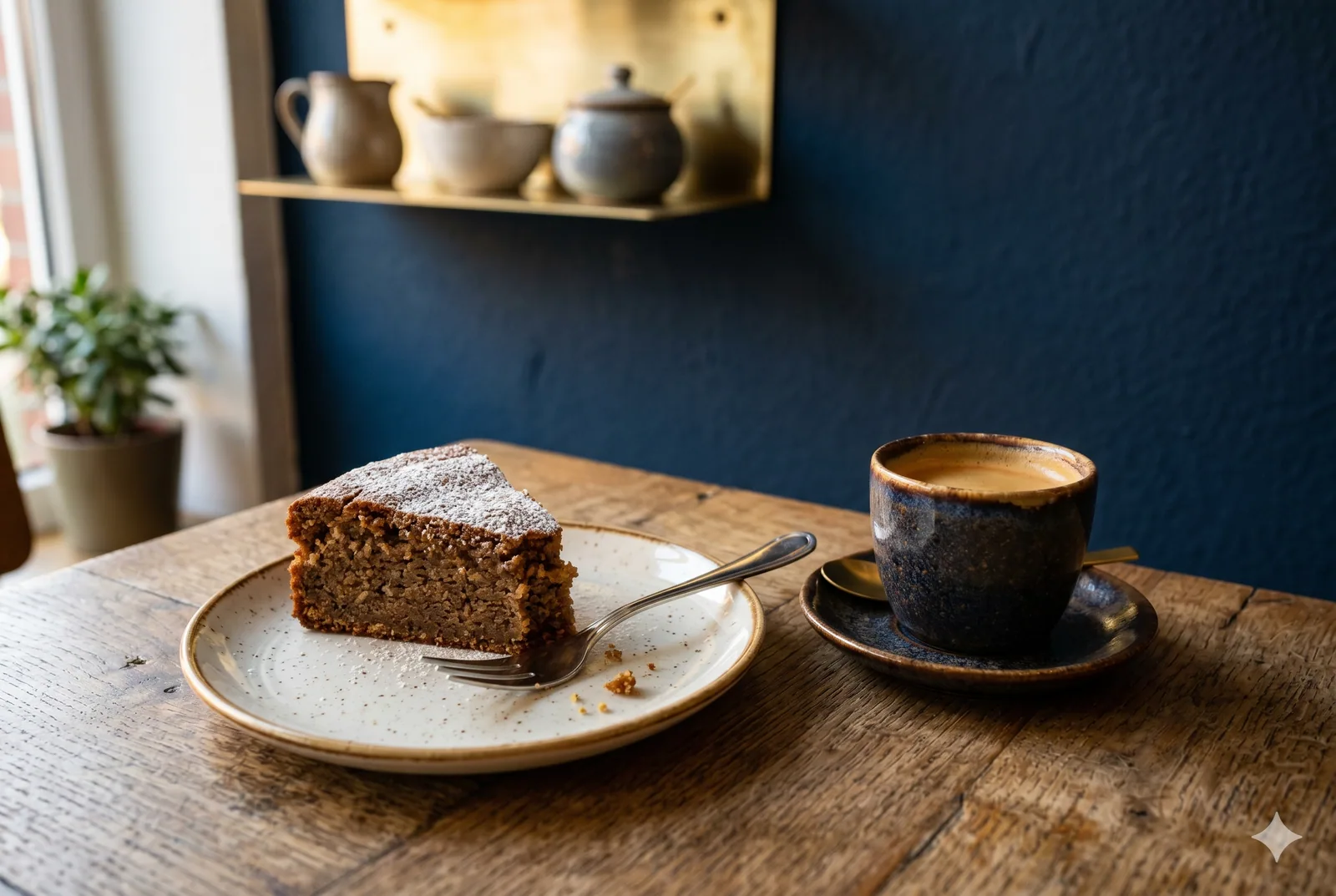 Stück Brown-Butter-Kuchen mit Puderzucker auf Keramikteller, Espresso in Steinzeugtasse, Messingregal vor navy-blauer Wand