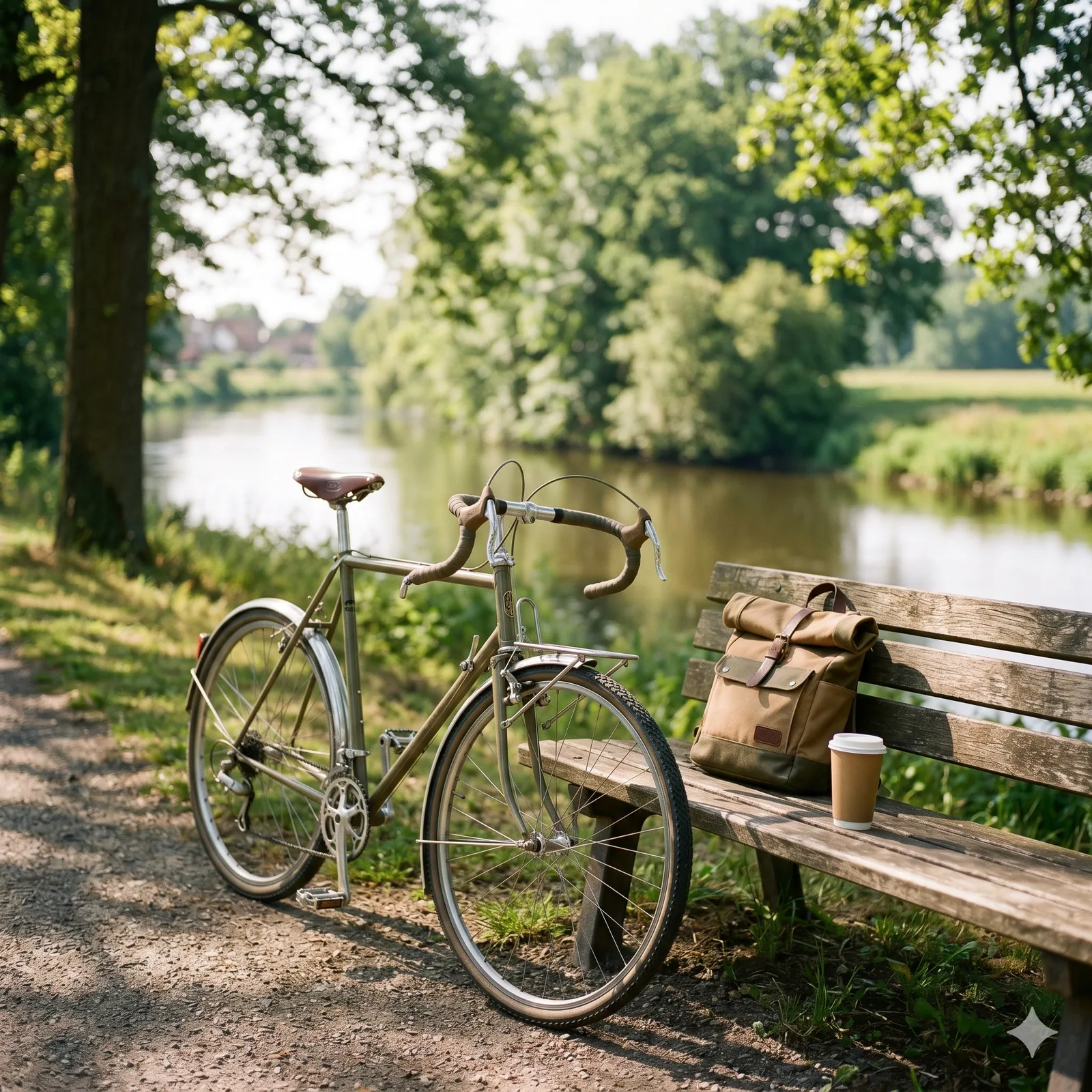 Tourenrad an einer Holzbank am Aller-Radweg