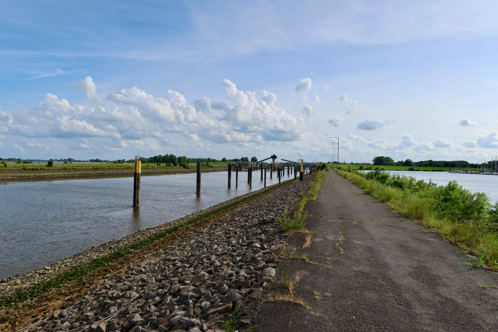 Aller-Ufer mit Asphalt-Radweg, Steinen am Wasser, Marina im Hintergrund unter blauem Sommerhimmel